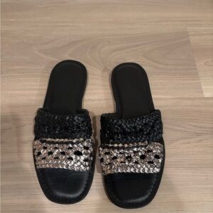 Black and Silver Women's Slide Sandals